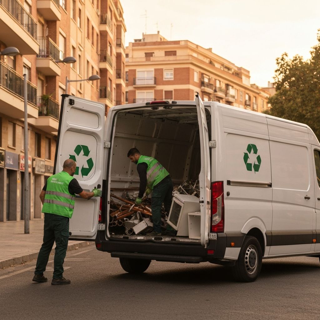 Furgoneta de recogida de chatarra cargando metales en Madrid